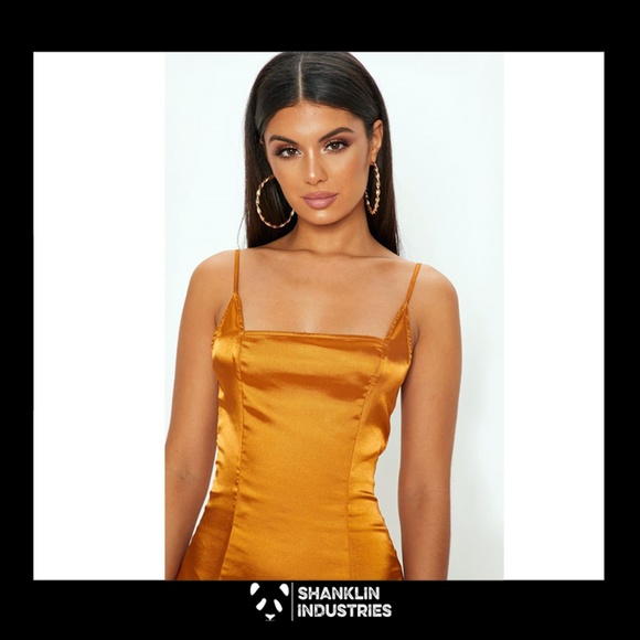 SOLD Gold Satin Strappy Square Neck Bodycon Dress - Picture 3 of 5